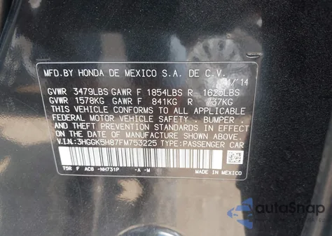 2015 Honda Fit Ex/Ex-L from USA, damaged, VIN 3HGGK5H87FM753225